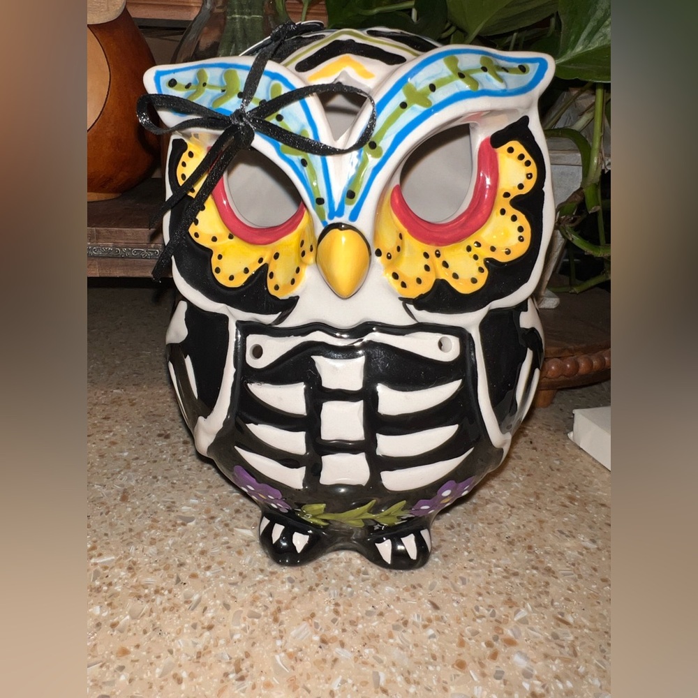 BLUE SKY Halloween Owl Skeleton Skull Tea Light Candle Holder Day Of Dead NWT